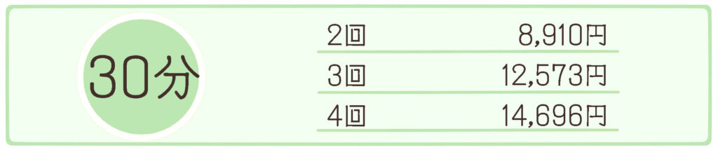 仙台の音楽教室Ammyの料金表です。
【30分コース】
サクッと習いたい方や、お子様にもおすすめのショートコースです。
・月2回： 8,910円
・月3回： 12,573円
・月4回： 14,696円
